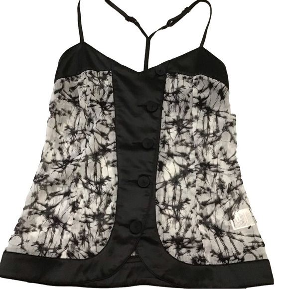 Stacey Zhang top blouse black silky sheer black ecru sleeveless racer back small - Picture 1 of 13